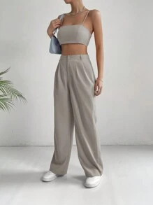 SHEIN EZwear Top corto de color rosa sólido y pantalones de pierna ancha estilo para ir al trabajo - Gris Claro - Ver 6
