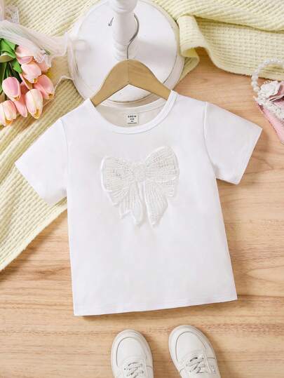 Genkimix Kids Young Girl' Casual Cute Bow Embroidered Round Neck Short Sleeve T-Shirt, Versatile For Summer