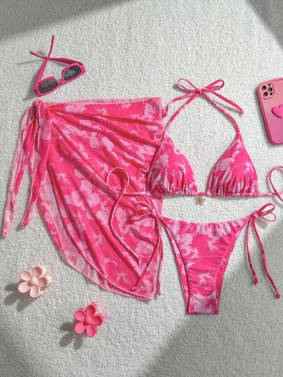 Swim Mod 3pcs/Set Women's Random Print Halter Neck Beach Dress, Tie-Up Retro Holiday Bikini Set, Summer