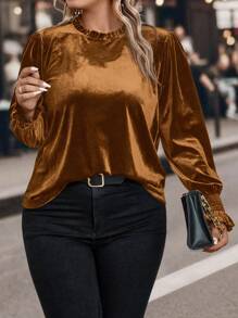 SHEIN Clasi Plus Size Women Solid Color Frill Trim Round Neck Batwing Sleeve Casual T-Shirt, Autumn - Coffee Brown - View 1