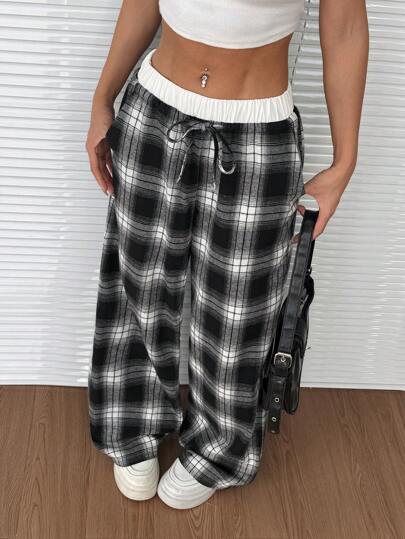 Comfortcana 女士格子系腰阔腿宽松休闲裤