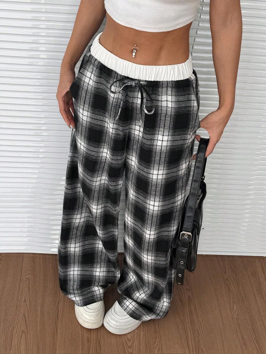 Comfortcana 女士格子系腰阔腿宽松休闲裤 - 黑與白 - 查看 1