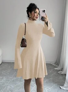 Elenzga 女士秋冬时尚休闲中长连衣裙，二合一，仿衬衫领，前半纽扣，口袋，拼色袖子，下摆拼接，杏色和白色 - 杏色 - 查看 3