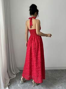 SHEIN Raffinéa 女士优雅纯色花卉印花挂脖长裙 - 紅色 - 查看 2