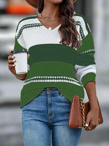 SHEIN LUNE Minimalist Casual Daily Wear Pullover Sweater Knit Pullover Fall Winter Sweater - Green - View 3