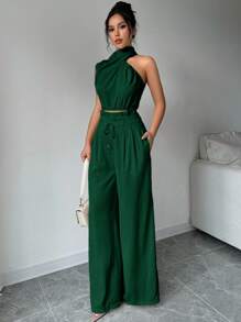 Firerie 2pcs/Set Women Turtleneck Sleeveless Top And Wide Leg Pants - Dark Green - View 8