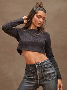 Denimoi Women's Charcoal Rib Holiday Cropped Top With Tie Back - Dark Grey - View 2