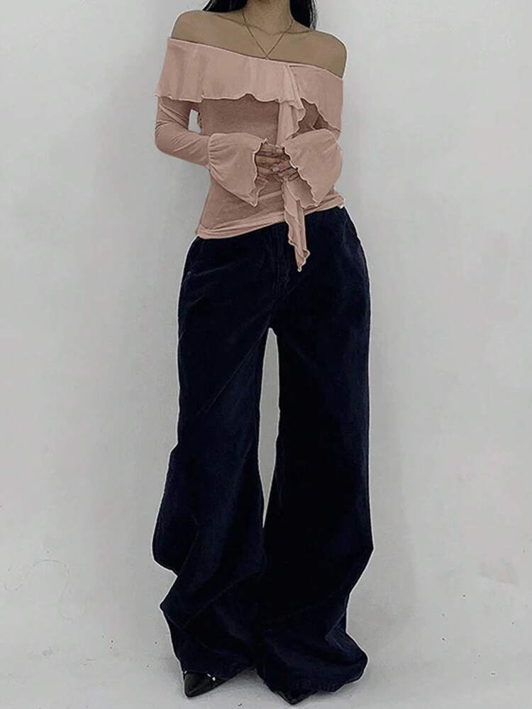 Women's Off Shoulder Bell Sleeve Long Sleeve T-Shirt Top, Spring & Summer,Ruffle,Fall Women Clothes