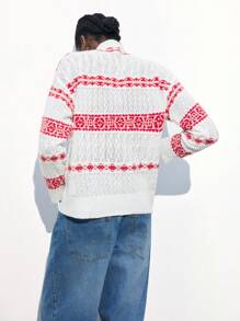 Maija Women Geometric Pattern Dropped Shoulder Stand Collar Loose Knitted Sweater,Festival - Red and White - View 3