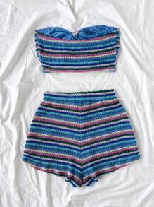 Soleia Conjunto de 2 piezas de top corto bandeau y shorts de cintura alta, conjunto de vestimenta para playa