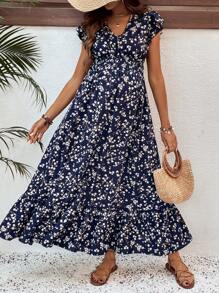 SHEIN 孕妇度假风碎花V领短袖连衣裙 - 藏蓝色 - 查看 5