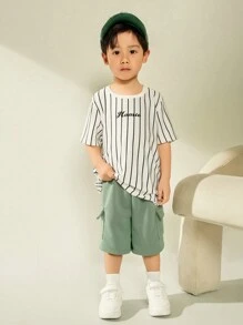 SHEIN Leap Crew Young Boy Letter Print Striped Tee - White - View 6