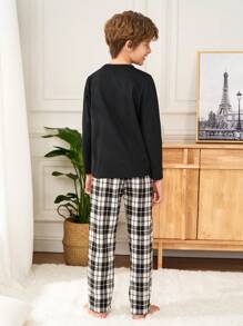 SHEIN Bộ 2 món/Bộ áo thun dài tay cổ tròn in hình gấu hoạt hình cho bé trai và quần ống đứng họa tiết kẻ caro, bộ đồ ngủ thoải mái và giản dị - Màu xanh hải quân - Xem 2