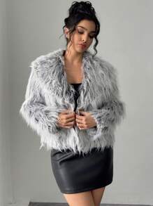 SHEIN Privé Women Vintage Faux Fur Coat, Open Front Furry Collar Fuzzy Jacket, Fashion Winter Outwear, Suitable For Valentine's Day - Grey - View 11