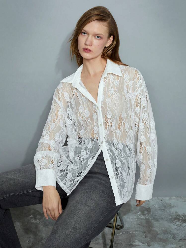 SHEIN Maija Women's White Semi-Transparent Floral Fabric Versatile Modern Elegant Party New Year's Eve , Sophisticated Comfortable White Lace Oversized Long Sleeve Drop Shoulder Women's Blouse Valentine's Day For Women Elegant Festival
