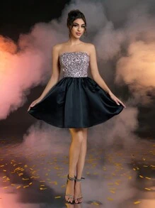 SHEIN Belle Woman Elegant And Gorgeous Pink Sequin Stitching Black Satin Tube Bubble Dress, Suitable For New Year Evening Bachelor Party Birthday Date Back To School Season, Wedding Prom Dress, Wedding Guest Dress - Multicolor - View 4