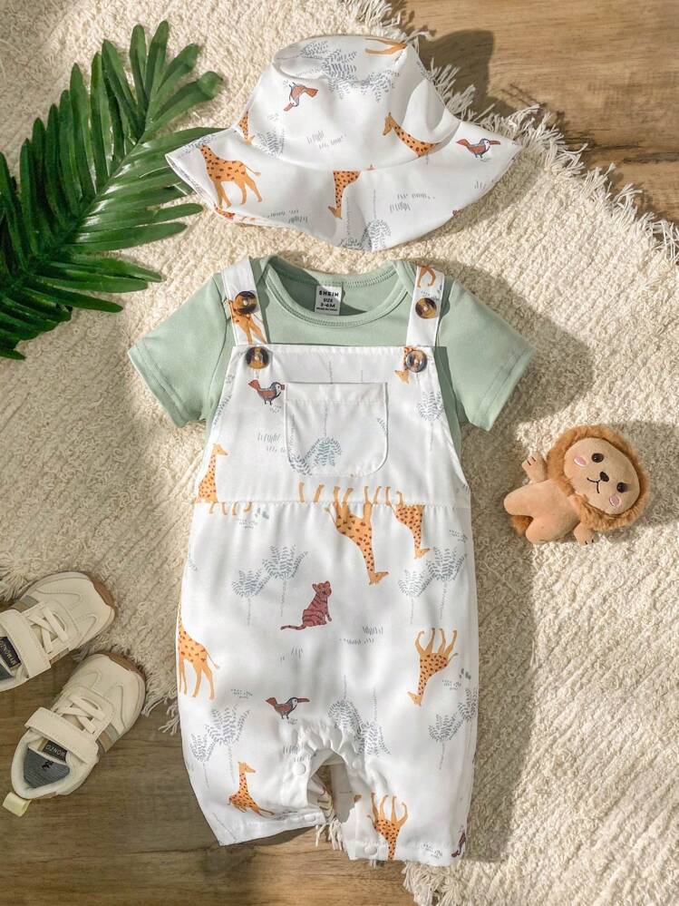 SHEIN Vintaside Kids 2pcs Baby Boy Animal Printed Casual Comfortable Overalls With Matching Hat Set, Suitable For Everyday Wear, Home, Vacation, Outing, Gathering, Spring/Summer - Multicolor - View 1