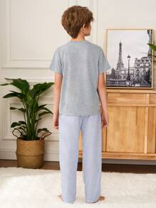 SHEIN Tween Boy Casual Simple Stripe Pattern Round Neck Pocket Tee & Pants 2 Pieces Sleepwear Lounge Set - Grey - View 2