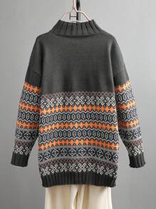 SHEIN LUNE 女士复古休闲提花拼色套头衫，适合万圣节、新年、情人节、感恩节、圣诞节、复活节、国庆节、联欢晚会、除夕、大码、秋冬季