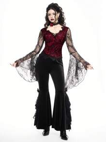 ROMWE Goth Ropa gótica, vintage, romántica y lujosa con mangas abullonadas y encaje de estilo corte imperial para el Día de San Valentín - Burdeos - Ver 2