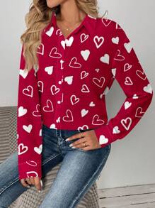 EMERY ROSE Casual Heart Graphic Loose Open Front Blouse For Women, Summer Valentine's Day Going Out Tops