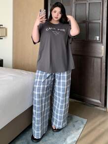 Dazy Plus 2pcs Set Loose Pajama Top And Bottoms, All Season Casual Loungewear - Grey - View 8