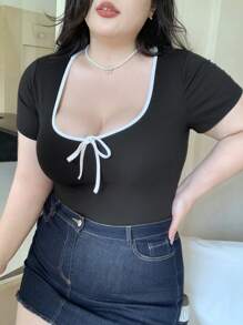 Dazy Plus Color Block Bowknot Tie Up Fitted Cropped T-Shirt, Spring & Summer - Black - View 5