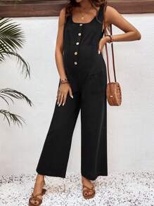SHEIN Pregnant Women Solid Button Half-Placket Casual Wide Leg Nursing Jumpsuit - Black - View 4
