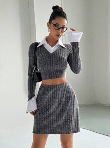 Flirla 纹理马球领长袖修身毛衣上衣和 A 字裙套装，学院风 - 灰色 - 查看 6