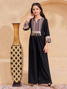 SHEIN Tween Girls' Loose Casual Solid Color Patchwork Pattern Tassels Decor Jumpsuit - Black - View 3