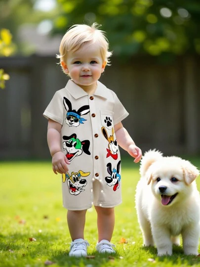 SHEIN 男婴可爱卡通狗图案 POLO 领短袖连体衣，适合日常生活、派对、拍照、春夏装