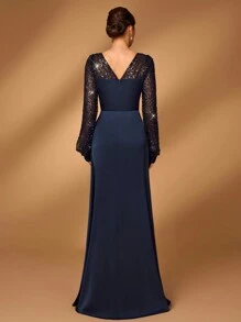 Serin 优雅奢华的海军蓝亮片串珠褶皱透视长袖 A 字形下摆晚礼服，适合庆典、正式派对、婚礼、新娘母亲礼服 - 藏蓝色 - 查看 3