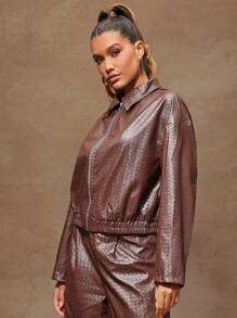 Denimoi Chaqueta de moda con cremallera y cuello para mujer, de manga larga, en piel de imitación, para otoño