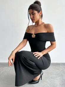 Firerie 优雅金属装饰露肩紧身美人鱼长裙，浪漫约会和日常穿着，节日/春季/夏季 - 黑色 - 查看 2