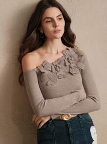 Anewsta Women's Fitted Floral Embroidered & Studded Shoulder Cut-Out Slim Fit Ribbed Knit T-Shirt Top, Autumn/Winter - Coffee Brown - View 3