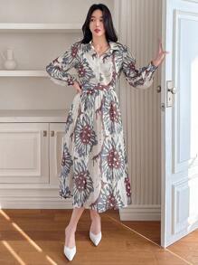 DAZY 2pcs/Set Women Floral Puff Sleeve Shirt And Skirt Outfit,Teacher Outfits,Fall Women Clothes Vacation Outfits Women - Red - View 6