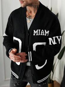 Manfinity Hypemode Men's Casual Button-Up Cardigan With Number Print, Long Sleeve For Autumn/Winter