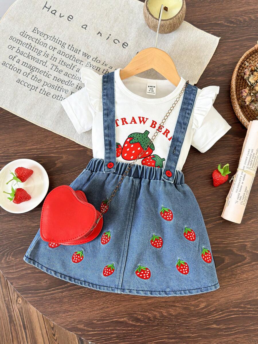 SHEIN 2pcs/Set Baby Girl Fashion Cute Letter & Strawberry Pattern Casual Ruffle Collar Short Sleeve Top And Bib Skirt, Summer Suitable For Vacation - Multicolor - View 1