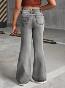 SHEIN Quần jeans ống loe denim mài đá kiểu vintage thập niên 2000 dành cho bé gái, phong cách đường phố mùa thu trở lại trường học. - màu đen - Xem 2