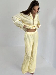 Aloruh Bộ quần áo và áo sơ mi in sọc đỏ trắng mới, phù hợp mặc trong nhà và ngoài trời - Màu vàng - Xem 4