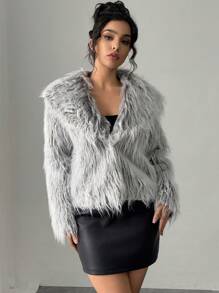 SHEIN Privé Women Vintage Faux Fur Coat, Open Front Furry Collar Fuzzy Jacket, Fashion Winter Outwear, Suitable For Valentine's Day - Grey - View 6