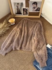 CosyJoli Suéter de mujer talla grande con hombros descubiertos, de felpa y corto, para otoño/invierno - Camel - Ver 3