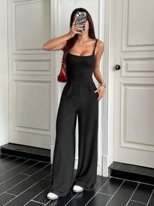 SHEIN Unity Ribbed Backless Minimalist Straight Leg Black Jumpsuits - Black - View 3