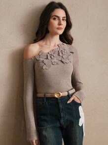 Anewsta Women's Fitted Floral Embroidered & Studded Shoulder Cut-Out Slim Fit Ribbed Knit T-Shirt Top, Autumn/Winter - Coffee Brown - View 4