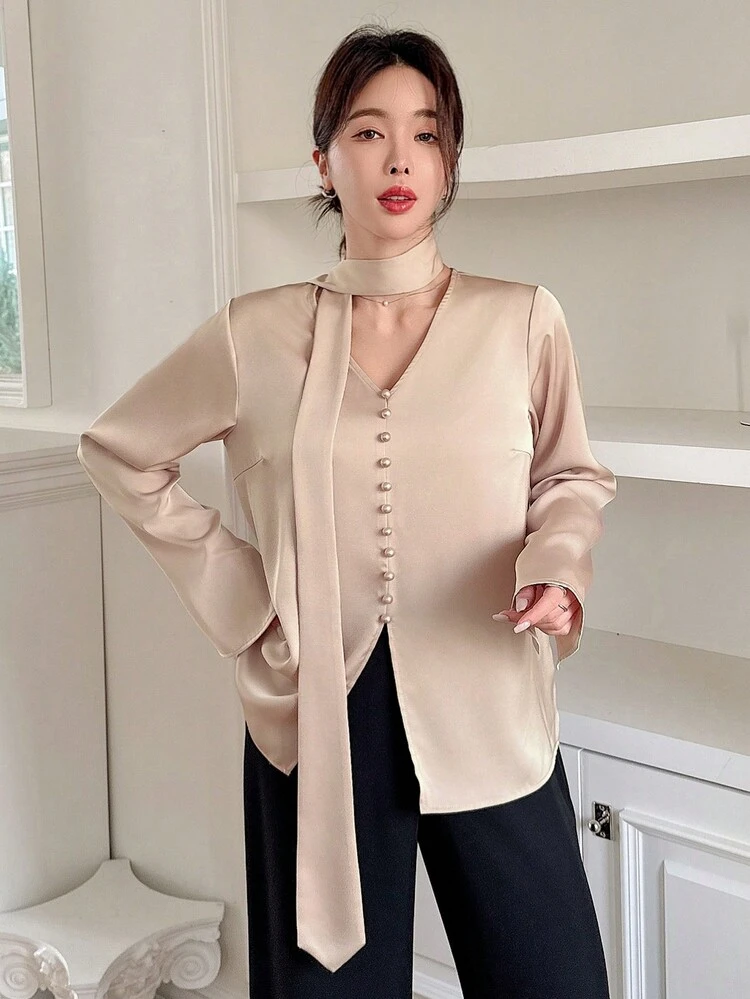 Women V-Neck Long Sleeve Tie Elegant Blouse, Spring & Summer,Fall Clothes