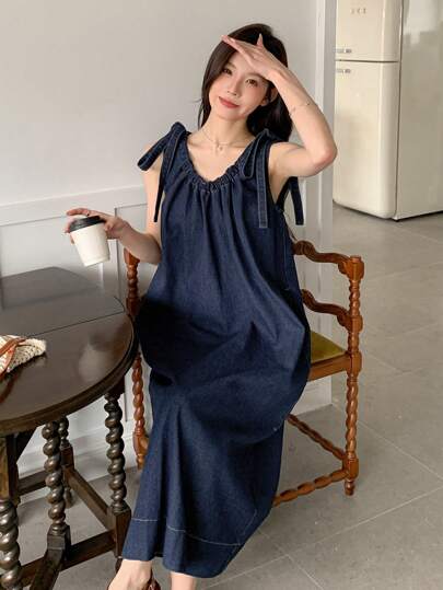 DAZY 女式蝴蝶结吊带牛仔连衣裙