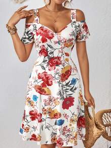SHEIN VCAY Vestido de fiesta sin mangas de corte evasé con escote en V y calado para mujer