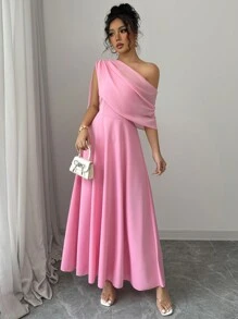 Rafferiza 法式优雅日常百搭时尚不对称领口不对称透视雪纺喇叭下摆长裙，粉色，女士，春夏 - 粉色 - 查看 4