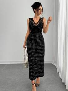 Chiquease 性感优雅优雅V领蕾丝拼接波点印花紧身连衣裙 - 黑色 - 查看 1