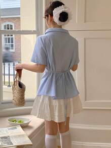 DAZY 女士单排扣口袋短袖条纹休闲衬衫夏季 - 藍色 - 查看 5